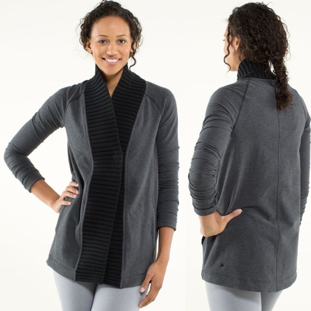 Lululemon Bliss Break French Terry Cardigan Sweater Black Grey Size 8 Yoga Knit